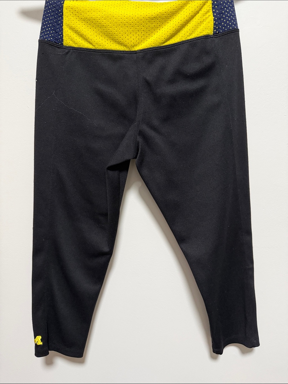 Women's U of Michigan Black Capri Leggings with Navy and yellow Waistband